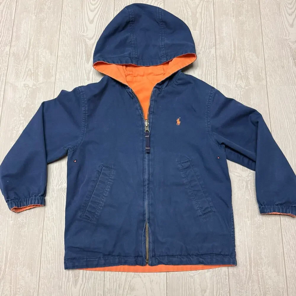 Polo Ralph Lauren Boys Toddler Reversible Hooded Jacket Navy Blue Orange Coat